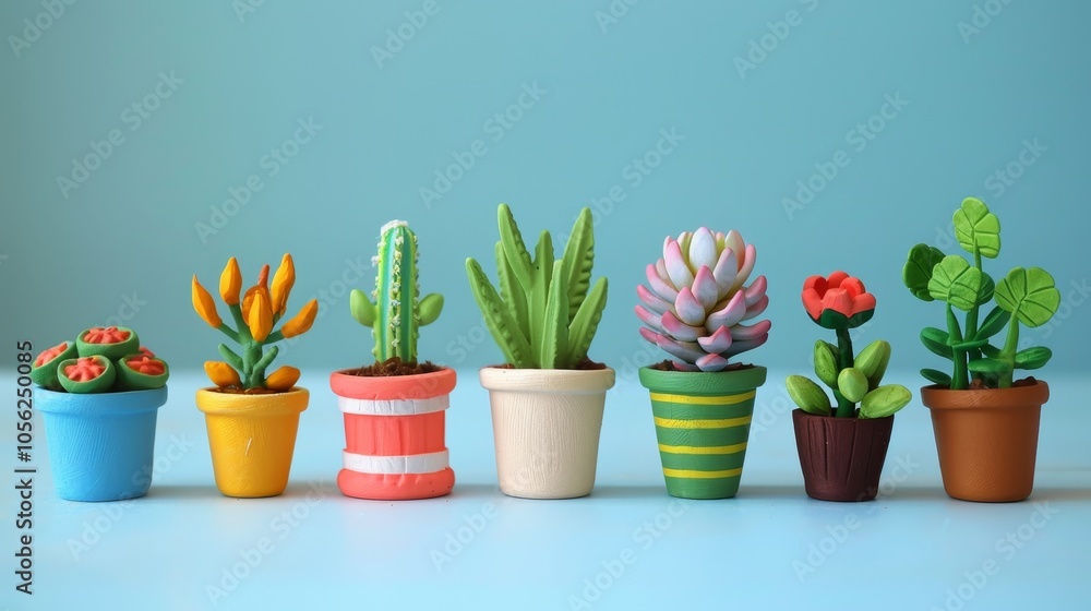 A collection of clay pots containing colorful plants arranged in a minimalistic style. The image portrays simplicity, charm, and the beauty of natural decor. A collection of clay pots containing colorful plants arranged in a minimalistic style. The image portrays simplicity, charm, and the beauty of natural decor.