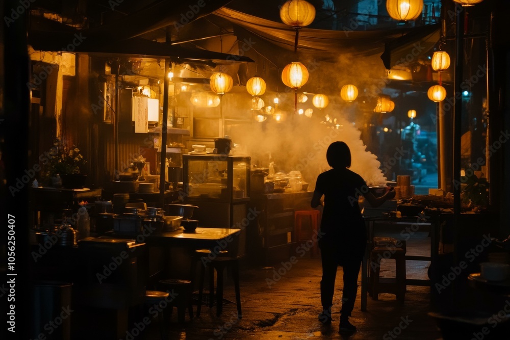 Person standing in restaurant with smoke billowing from ceiling, creating mysterious and dramatic scene. Person standing in restaurant with smoke billowing from ceiling, creating mysterious and dramatic scene.