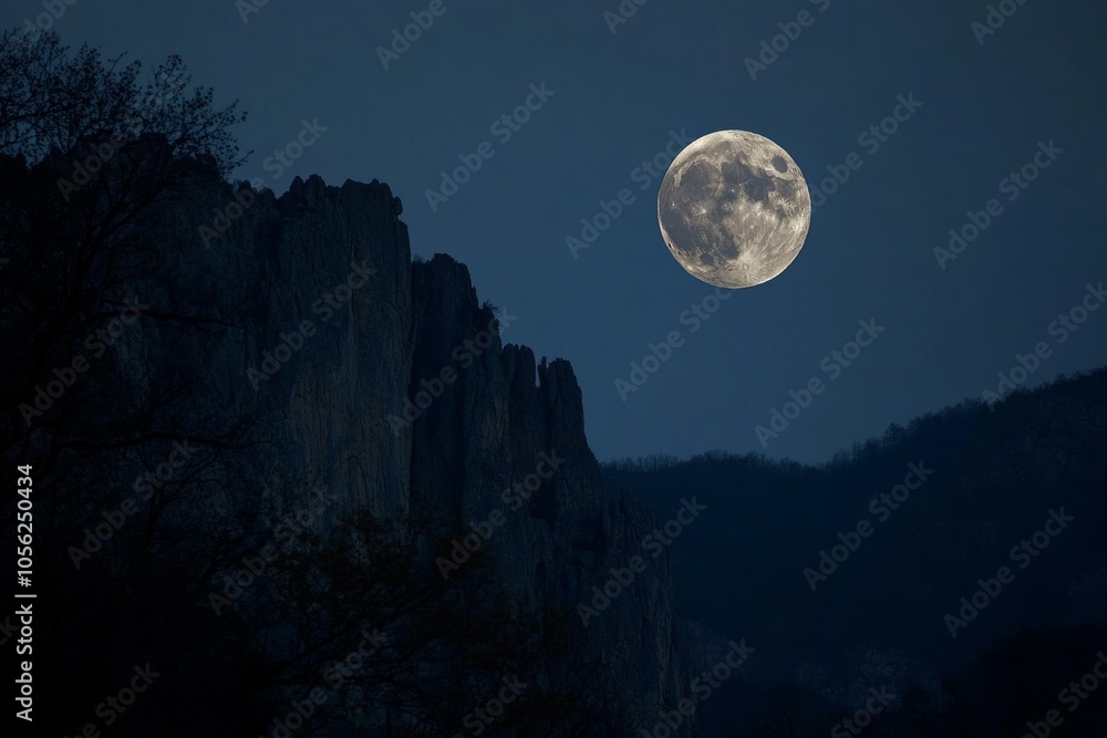 Moon rises over mountains in Doloma region, Romania, casting serene glow over rugged peaks and valleys. Moon rises over mountains in Doloma region, Romania, casting serene glow over rugged peaks and valleys.