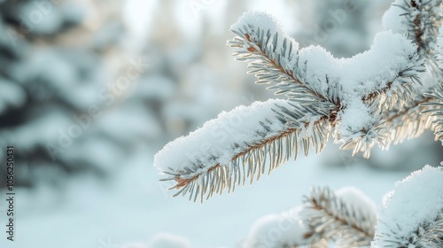 Snowcovered pine branches against white winter background for festive poster.