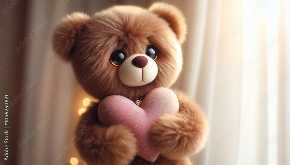 Fluffy, brown teddy bear with a heart-shaped pillow in its arms, looking up with big, round eyes
