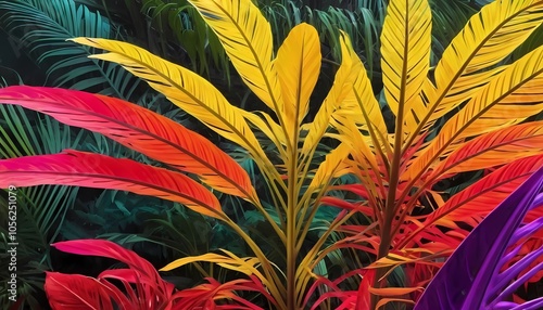 Colorful tropical leaves in vibrant hues adorn a backdrop, creating a lively atmosphere of nature