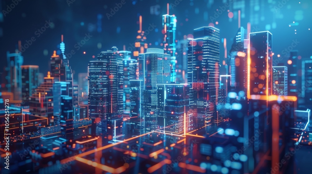 Futuristic cityscape at night showcasing interconnected buildings with glowing lines, symbolizing data flow and advanced technology in a smart urban environment