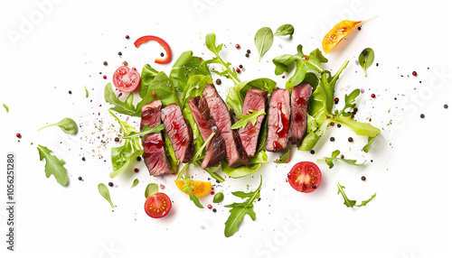 Falling steak salad ingredients isolated on white background, sliced beefsteak, food packaging concept