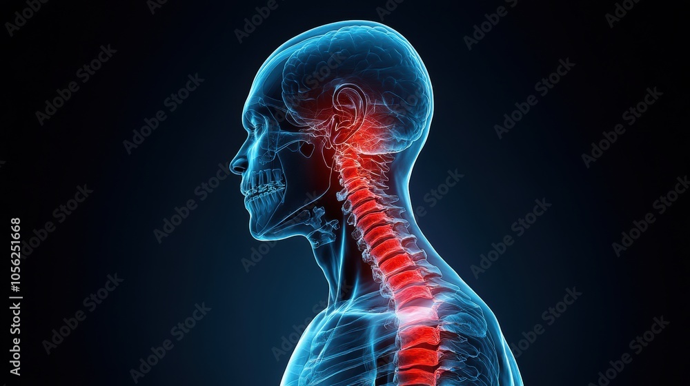 X-ray of human neck highlighting cervical spine with inflammation, red areas showing pain, medical diagnosis, skeletal system, spine health, orthopedic care, nerve issues, injury recovery, health X-ray of human neck highlighting cervical spine with inflammation, red areas showing pain, medical diagnosis, skeletal system, spine health, orthopedic care, nerve issues, injury recovery, health