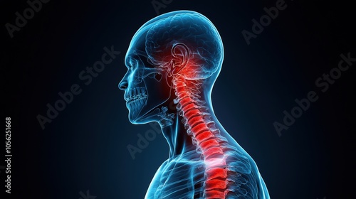 X-ray of human neck highlighting cervical spine with inflammation, red areas showing pain, medical diagnosis, skeletal system, spine health, orthopedic care, nerve issues, injury recovery, health