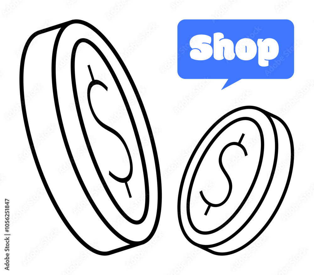 Two black and white coins, each with a dollar symbol, float alongside a blue text bubble containing the word Shop. Ideal for online stores, e-commerce, shopping websites, financial education Two black and white coins, each with a dollar symbol, float alongside a blue text bubble containing the word Shop. Ideal for online stores, e-commerce, shopping websites, financial education