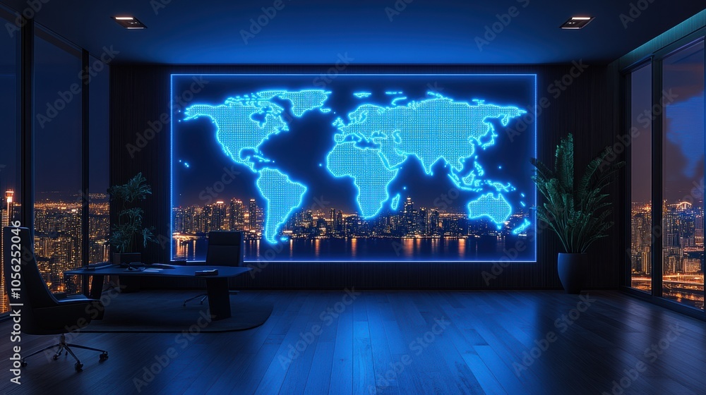 Futuristic world map glowing in modern office at night with city skyline. Digital technology, global business concept, high-tech workspace, illuminated interior, world connectivity, corporate Futuristic world map glowing in modern office at night with city skyline. Digital technology, global business concept, high-tech workspace, illuminated interior, world connectivity, corporate