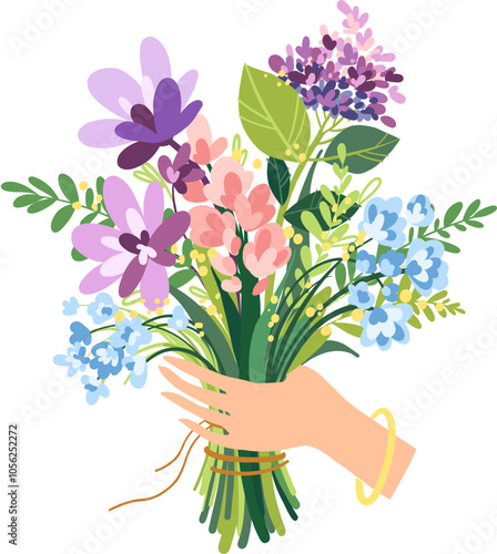 Female Hand holding Spring lush Bouquet of Wild Flowers on white background. Blue, pink, purple, yellow fresh flowers in beautiful composition for Gift on Womens Day March 8, birthday and Mothers day
