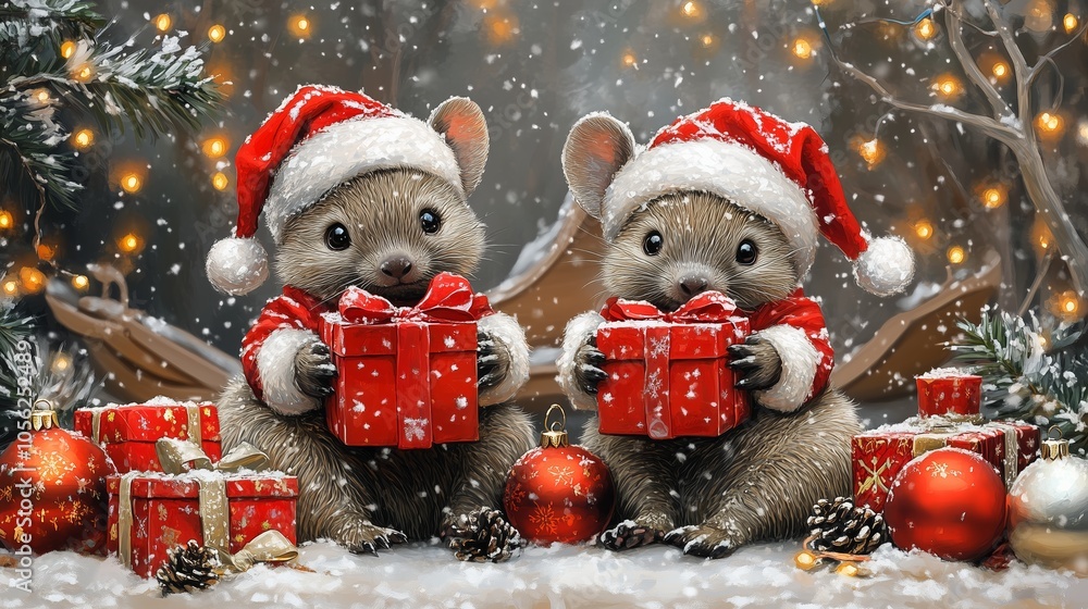 A charming holiday scene featuring two cute mice dressed in festive Santa hats and red coats, holding wrapped Christmas gifts. A charming holiday scene featuring two cute mice dressed in festive Santa hats and red coats, holding wrapped Christmas gifts.