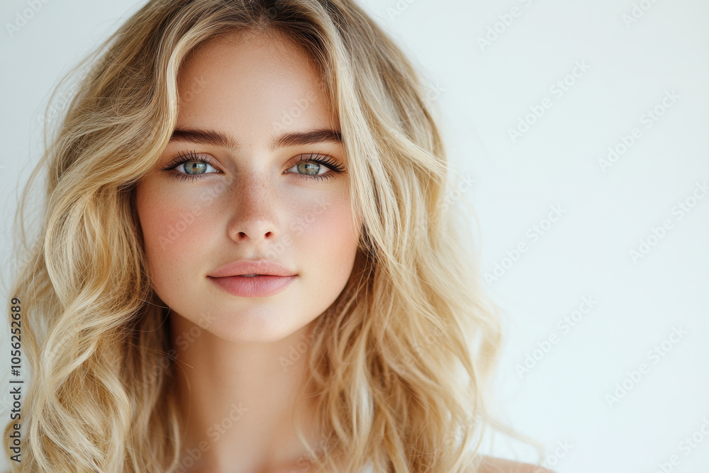 Close-up portrait of young blonde woman with natural beauty, soft makeup, wavy hair, against white background, serene and calm expression, beautiful and simple elegance, fresh and bright Close-up portrait of young blonde woman with natural beauty, soft makeup, wavy hair, against white background, serene and calm expression, beautiful and simple elegance, fresh and bright