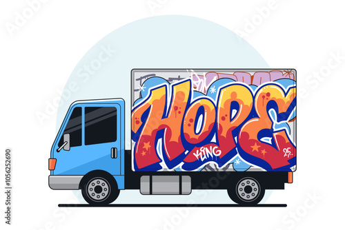 Cartoon truck covered in graffiti. Graffiti on transport. Isolated on white background. Ideal for t-shirt print, wallpaper design, backdrop, etc. Vector illustration