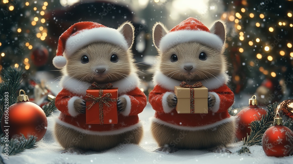 Two cute hamsters dressed in Santa suits sit in a festive Christmas setting, holding wrapped gifts. Two cute hamsters dressed in Santa suits sit in a festive Christmas setting, holding wrapped gifts.