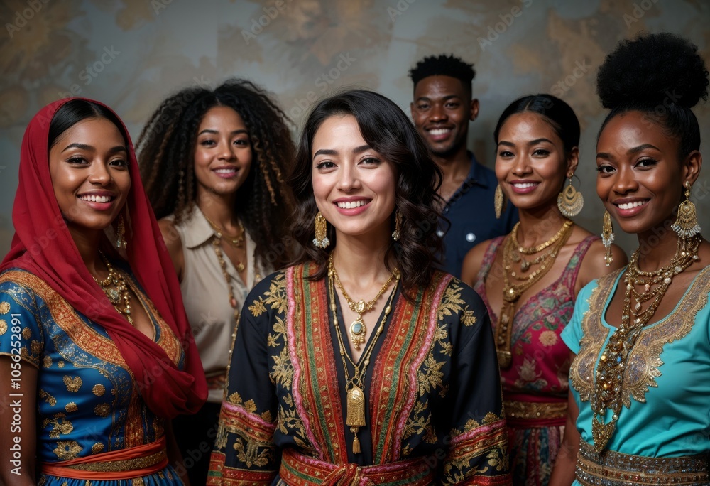 A group of women in traditional attire posing together, showcasing cultural heritage and diversity at a vibrant event A group of women in traditional attire posing together, showcasing cultural heritage and diversity at a vibrant event