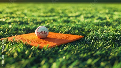 Baseball Game Ready: A baseball resting on an orange home plate surrounded by vivid green grass, capturing the essence of a game-ready baseball field. photo