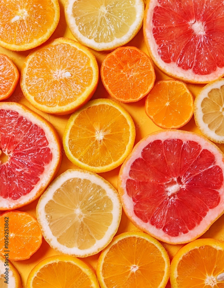 Citrus fruit slices on yellow Citrus fruit slices on yellow
