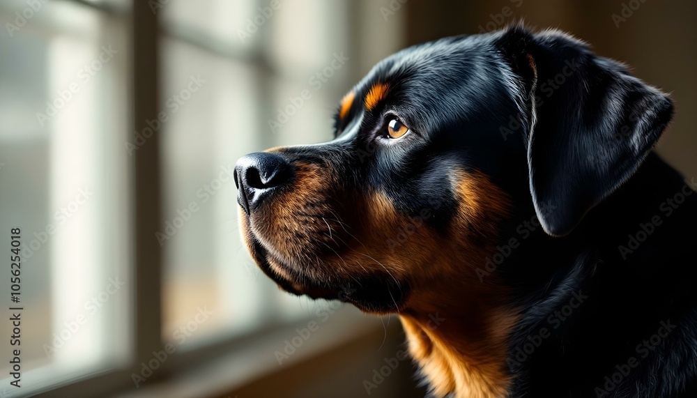Black and Brown Rottweiler Side Profile with Detailed Fur and Soft Natural Lighting Black and Brown Rottweiler Side Profile with Detailed Fur and Soft Natural Lighting