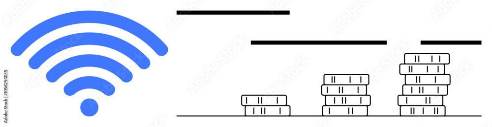 wireless signal icon next to increasing stacks of servers on a white background. Ideal for technology advancements, internet companies, networking services, data management, cloud storage wireless signal icon next to increasing stacks of servers on a white background. Ideal for technology advancements, internet companies, networking services, data management, cloud storage
