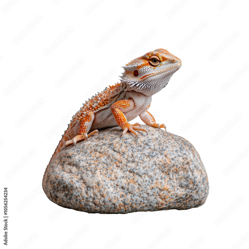 Bearded dragon lizard on rock with transparent background