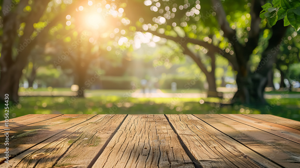 Empty wood table top and blurred green tree in the park garden background - can be used for display or montage your products Empty wood table top and blurred green tree in the park garden background - can be used for display or montage your products