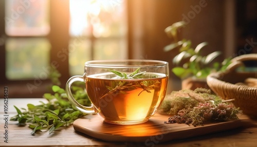 A cup of herbal tea on a wooden table