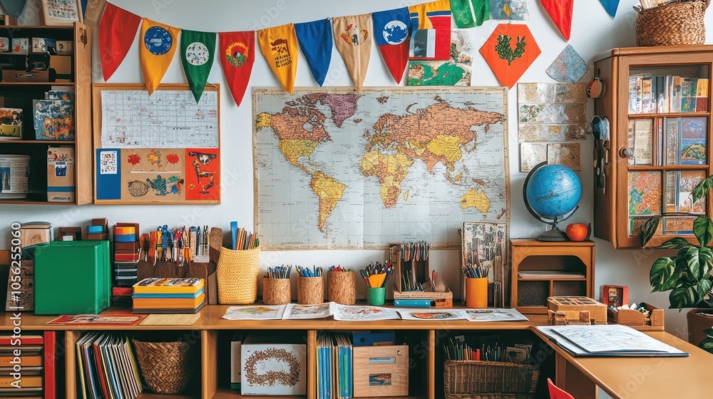 A brightly decorated classroom with a world map, globe, and colorful pennant flags. A brightly decorated classroom with a world map, globe, and colorful pennant flags.