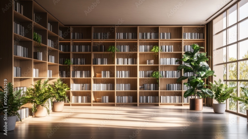 A spacious room with floor-to-ceiling bookshelves filled with books and plants. Sunlight streams in from a large window. A spacious room with floor-to-ceiling bookshelves filled with books and plants. Sunlight streams in from a large window.