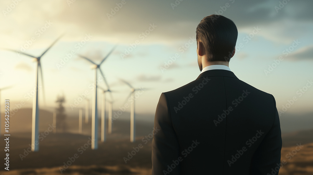 Professional investment manager back shot, evaluating renewable energy opportunities at wind farm during sunset
Professional investment manager back shot, evaluating renewable energy opportunities at wind farm during sunset