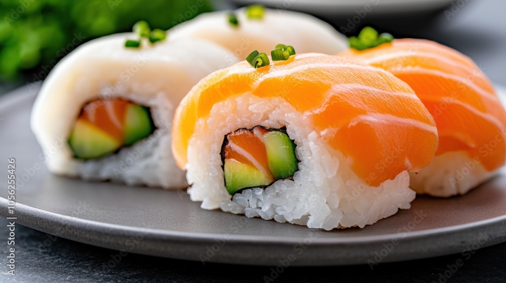 Delicious sushi rolls topped with fresh salmon and white fish on a gray plate, AI Delicious sushi rolls topped with fresh salmon and white fish on a gray plate, AI