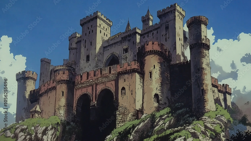 Obraz premium illustration of dark fantasy european medieval castle in style of old anime