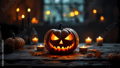 Spooky jack-o'-lantern glowing brightly surrounded by candles in a cozy Halloween setting.