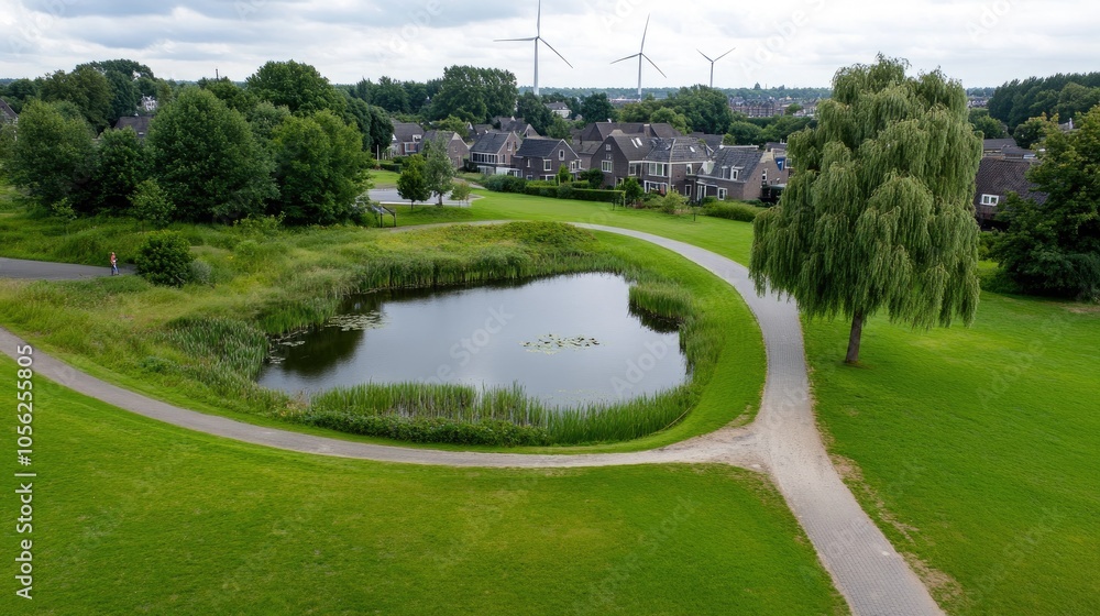 A vast landscape features solar panels and wind turbines beside a tranquil pond on a sunny summer day in the Netherlands A vast landscape features solar panels and wind turbines beside a tranquil pond on a sunny summer day in the Netherlands