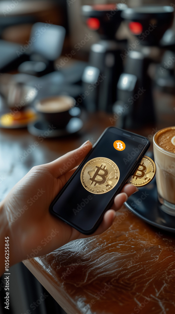 a hand holding a smartphone while purchasing bitcoin and cryptocurrencies in a digital finance office setting, accompanied by decorative cream coffee