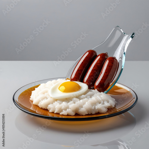 Beautiful Glass Sculpture of Longsilog Featuring Glossy Longganisa, Fluffy Rice, and Bright Egg, Highlighting Exquisite Culinary Art, Generative AI photo