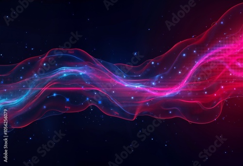 Vibrant digital abstract wave with glowing particles flowing through a dark cosmic background