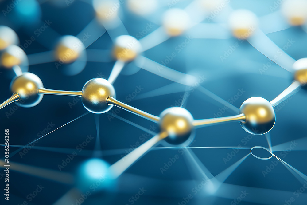 Molecular Connection Network with Gold and Blue Spheres Representing Chemical Bonds and Nanotechnology Molecular Connection Network with Gold and Blue Spheres Representing Chemical Bonds and Nanotechnology