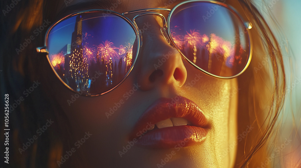 close up of a woman with attitude and style, wearing sunglasses that reflect fireworks during new year's and christmas celebrations