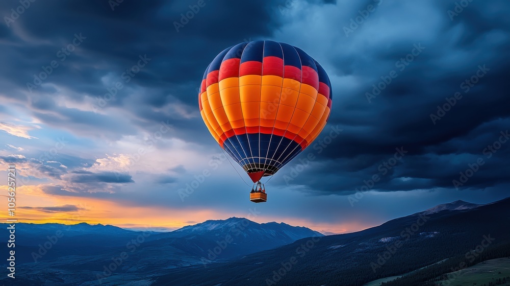 Fototapeta premium Vibrant Vintage Hot Air Balloon Against Dramatic Sky