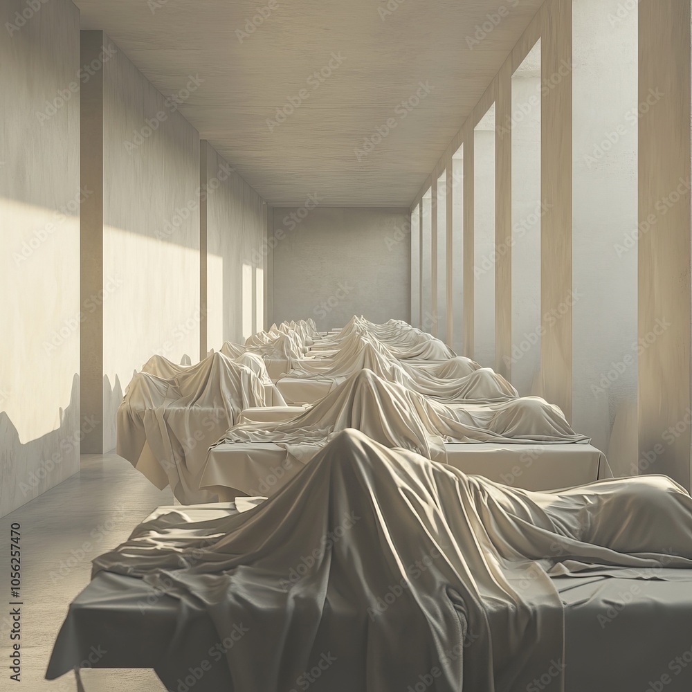 Multiple bodies covered in cloth lie on morgue tables, symbolizing death, funerals, autopsies, disasters, and tragic events; 3D rendered with copy space Multiple bodies covered in cloth lie on morgue tables, symbolizing death, funerals, autopsies, disasters, and tragic events; 3D rendered with copy space