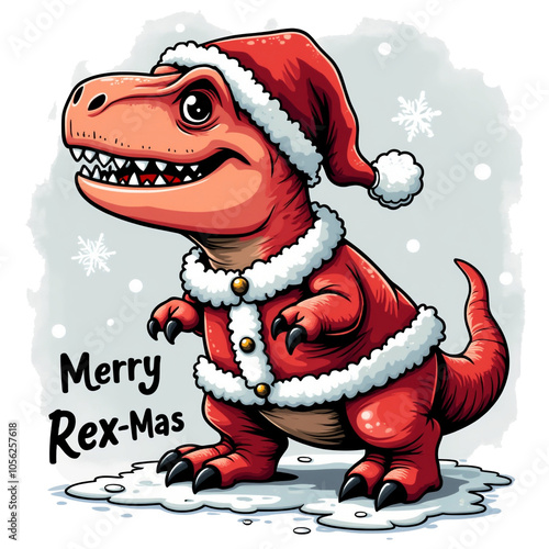 A cheerful cartoon dinosaur in a Santa hat s