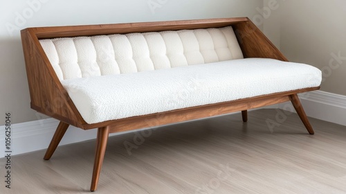 A stylish white bench with wood legs and a soft boucl top sits against a plain wall, complemented by a hanging plant for a clean look photo