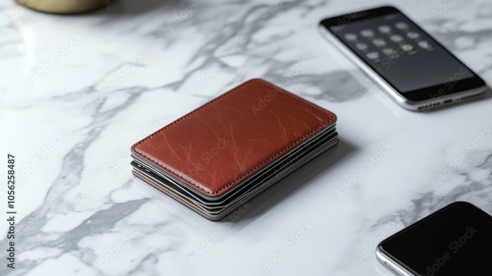 A stack of credit cards next to a luxury leather cardholder and a smartphone on a marble countertop. A stack of credit cards next to a luxury leather cardholder and a smartphone on a marble countertop.