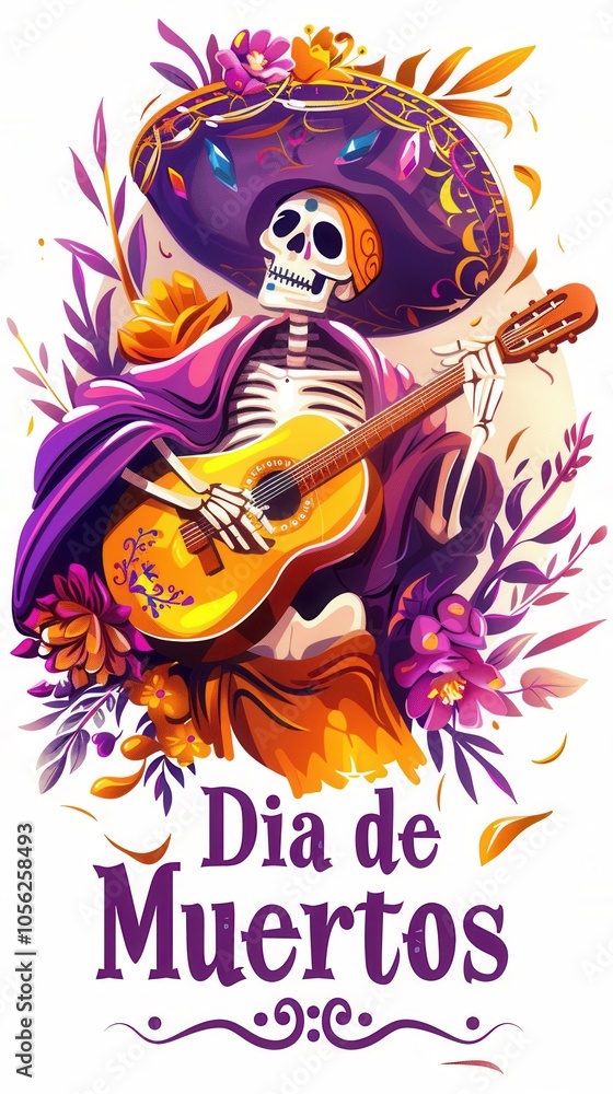Skeleton figure wearing a sombrero and poncho, strumming a guitar, surrounded by festive Skeleton figure wearing a sombrero and poncho, strumming a guitar, surrounded by festive