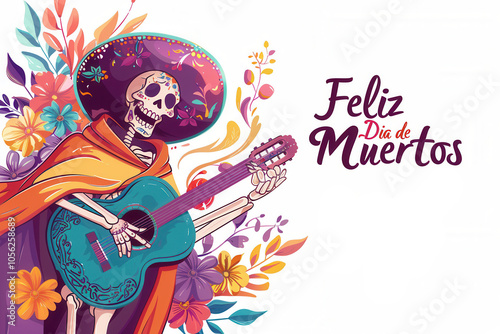 Day of the Dead skeleton dressed in a sombrero, poncho, and holding a guitar, set against a festive color palette..