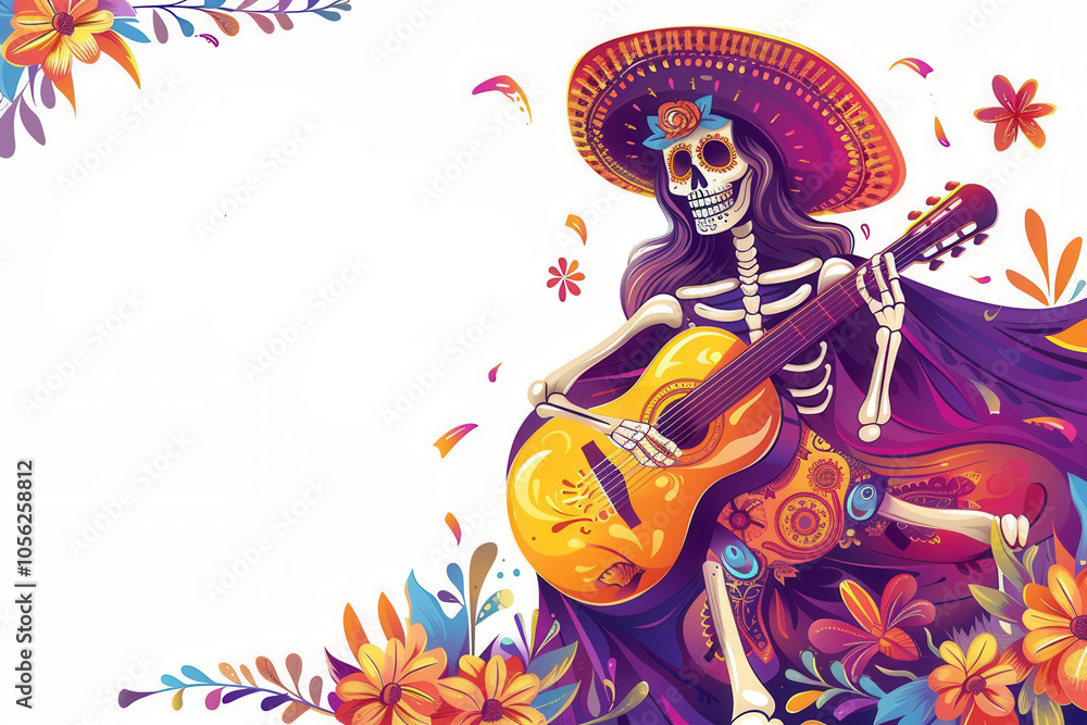 Obraz premium Illustration of a female skeleton guitarist in traditional dress, using a purple, yellow, and orange color scheme with copyspace for promotional text