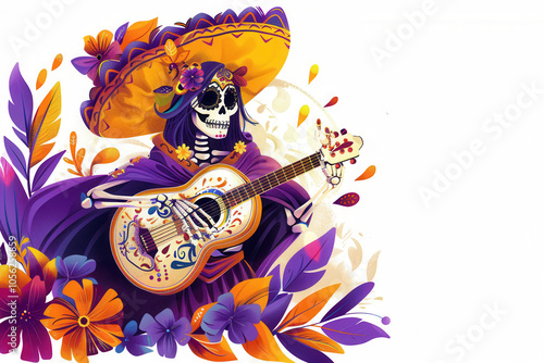 "Dia de Muertos" female skeleton in a sombrero, strumming a guitar, poncho in bold purple, yellow, and orange with copyspace for promo text