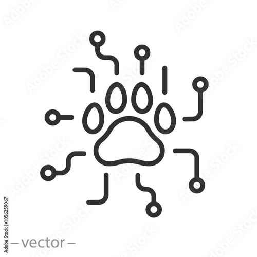 robot pet icon, ai cat or dog, paw artificial intelligence, future animal logo, thin line vector illustration