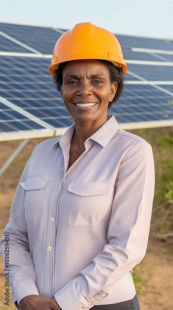 Dedicated african woman worker ensuring sustainable energy at solar farm during golden hour
Dedicated african woman worker ensuring sustainable energy at solar farm during golden hour
