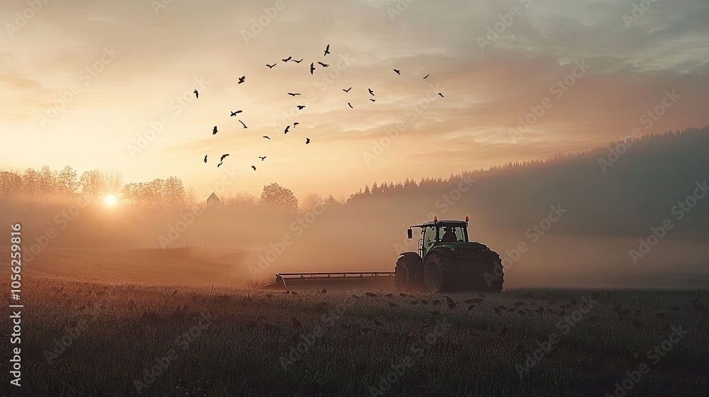 A tractor plowing a field at dawn, with mist rising and birds taking flight, A tractor plowing a field at dawn, with mist rising and birds taking flight,