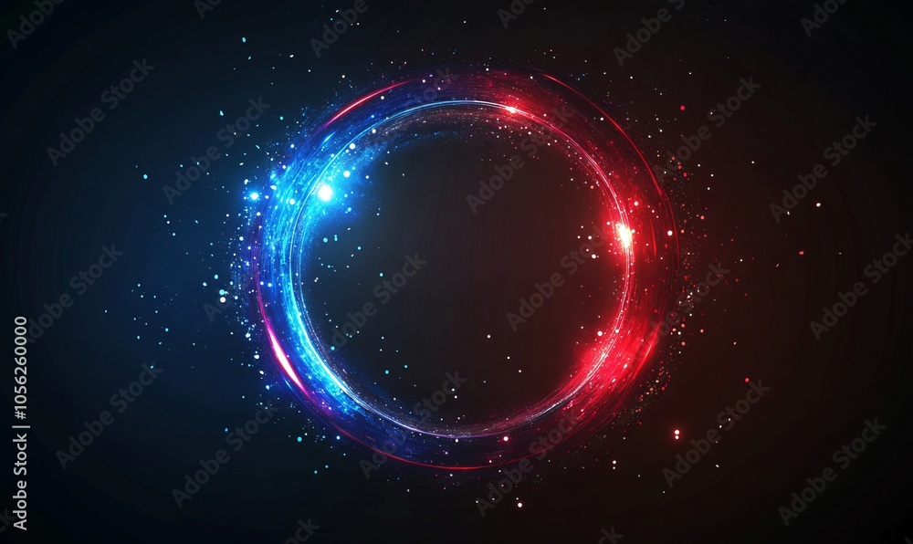 Abstract glowing ring with particles in red and blue on a dark background Abstract glowing ring with particles in red and blue on a dark background
